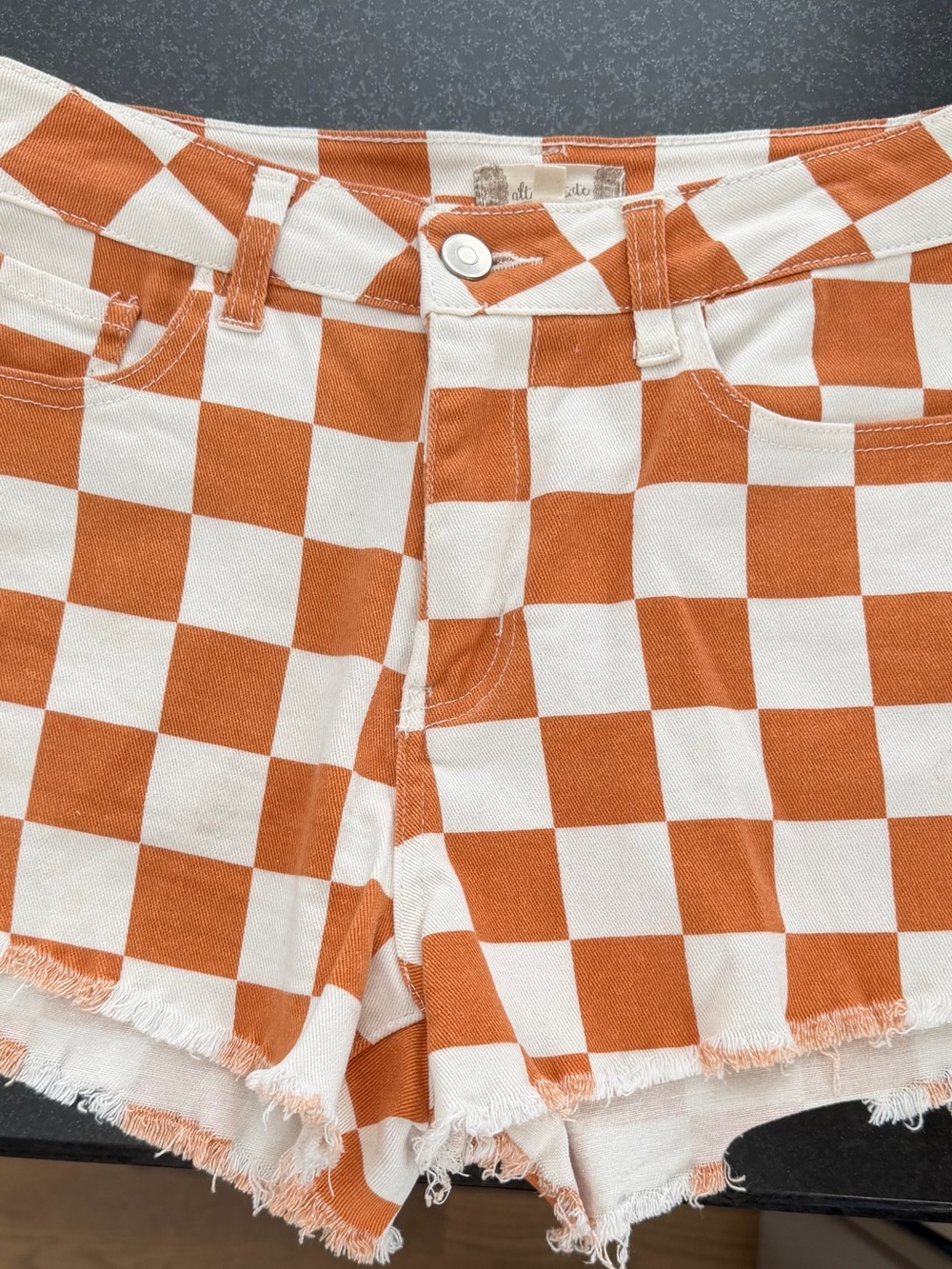 Altar'd State Orange and White Checkered Denim Shorts